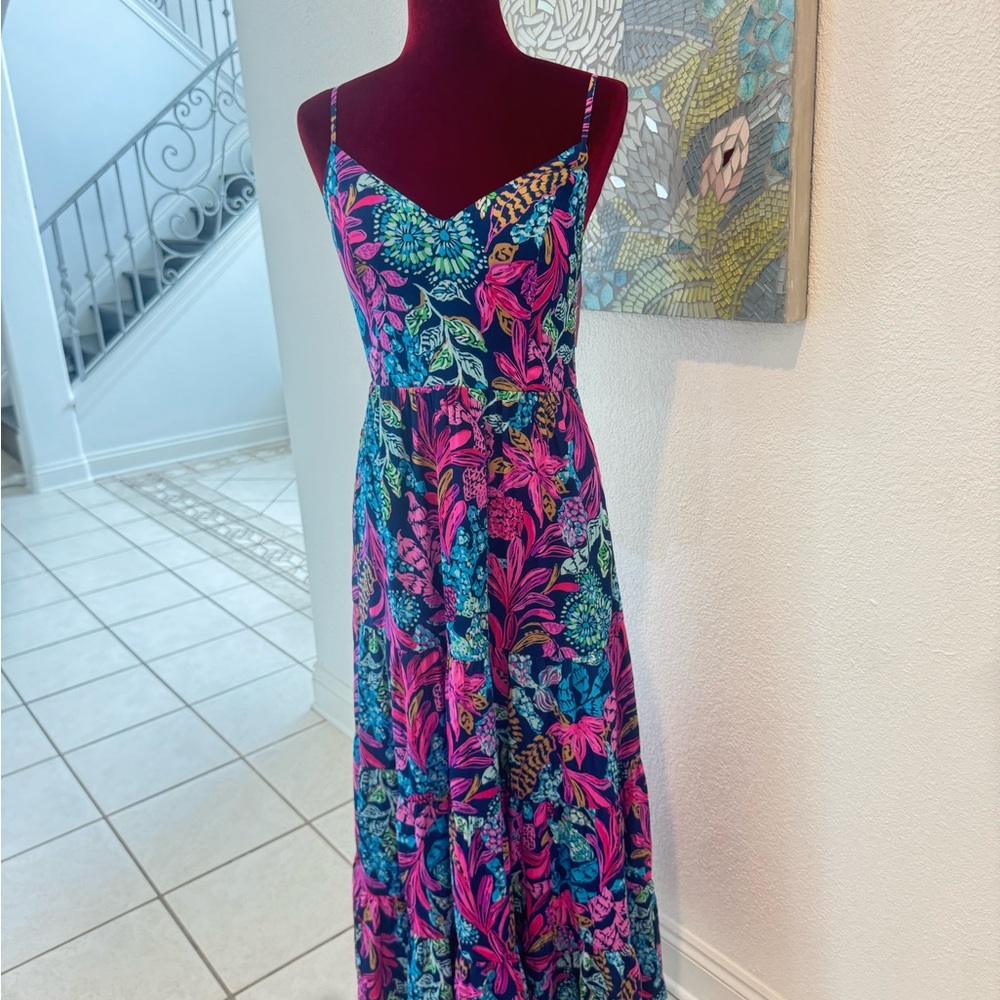 NWT Sz 0 Lilly Pulitzer Joellane Tiered Maxi in Aegean Navy Calypso Coast - Picture 2 of 12